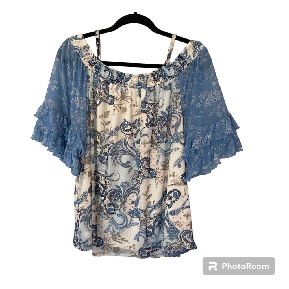 Cato Est 1846 Womens Blouse Top M Off Shoulder Mesh Semi Sheer Ruffles Fairy